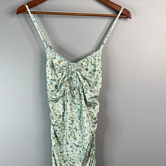 SHEIN Ditsy Floral Ruched Dress Light Teal Cutout Drawstrings Tied Spaghetti S - Picture 4 of 15